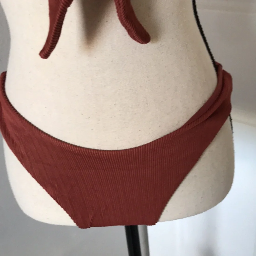 BROWN Ribbed Tie Front Bikini Set | S